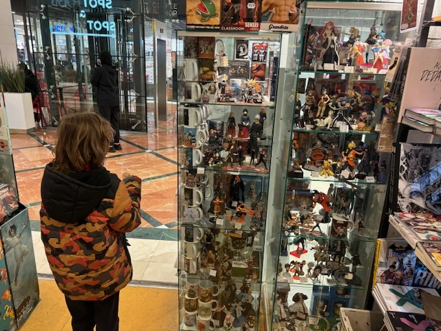 vitrine composée de goodies et de figurines de personnages de manga